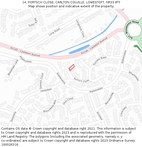 14, PORTSCH CLOSE, CARLTON COLVILLE, LOWESTOFT, NR33 8TY: Location map and indicative extent of plot