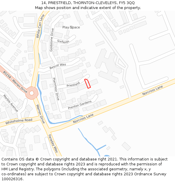 14, PRIESTFIELD, THORNTON-CLEVELEYS, FY5 3QQ: Location map and indicative extent of plot