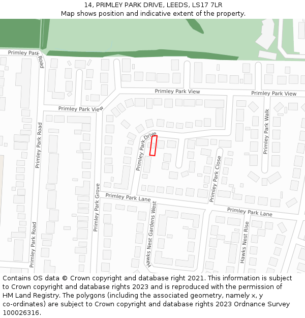 14, PRIMLEY PARK DRIVE, LEEDS, LS17 7LR: Location map and indicative extent of plot