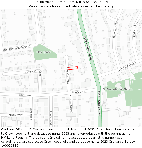 14, PRIORY CRESCENT, SCUNTHORPE, DN17 1HX: Location map and indicative extent of plot