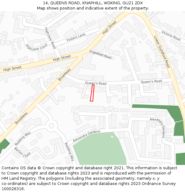 14, QUEENS ROAD, KNAPHILL, WOKING, GU21 2DX: Location map and indicative extent of plot