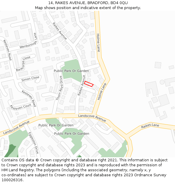 14, RAIKES AVENUE, BRADFORD, BD4 0QU: Location map and indicative extent of plot