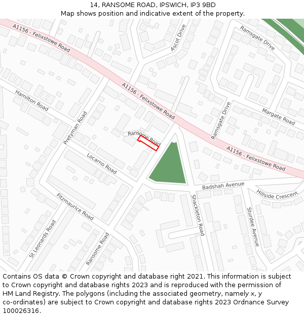 14, RANSOME ROAD, IPSWICH, IP3 9BD: Location map and indicative extent of plot