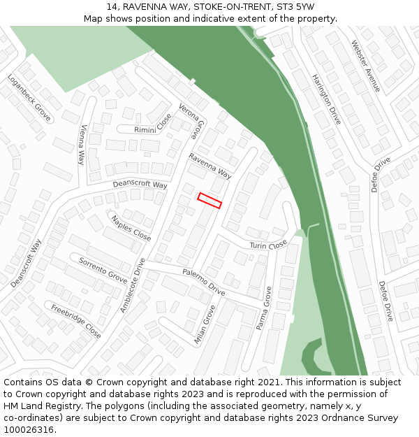 14, RAVENNA WAY, STOKE-ON-TRENT, ST3 5YW: Location map and indicative extent of plot