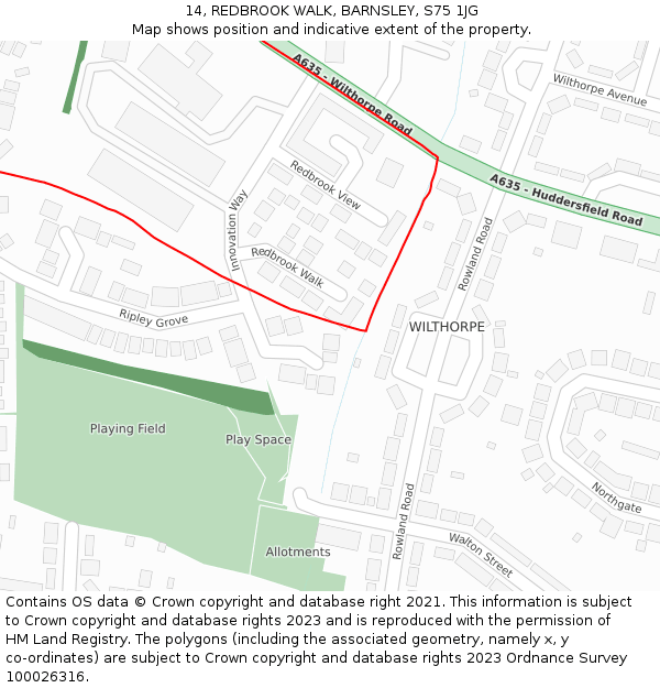 14, REDBROOK WALK, BARNSLEY, S75 1JG: Location map and indicative extent of plot