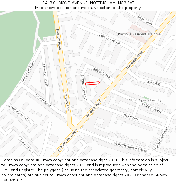 14, RICHMOND AVENUE, NOTTINGHAM, NG3 3AT: Location map and indicative extent of plot