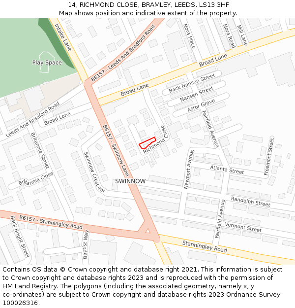 14, RICHMOND CLOSE, BRAMLEY, LEEDS, LS13 3HF: Location map and indicative extent of plot