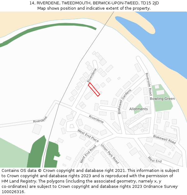14, RIVERDENE, TWEEDMOUTH, BERWICK-UPON-TWEED, TD15 2JD: Location map and indicative extent of plot
