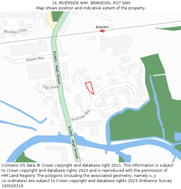 14, RIVERSIDE WAY, BRANDON, IP27 0AN: Location map and indicative extent of plot