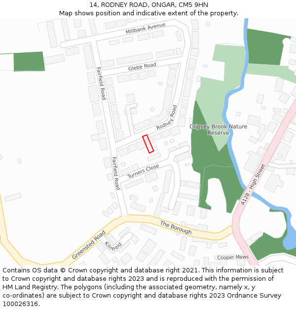 14, RODNEY ROAD, ONGAR, CM5 9HN: Location map and indicative extent of plot