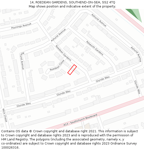 14, ROEDEAN GARDENS, SOUTHEND-ON-SEA, SS2 4TQ: Location map and indicative extent of plot