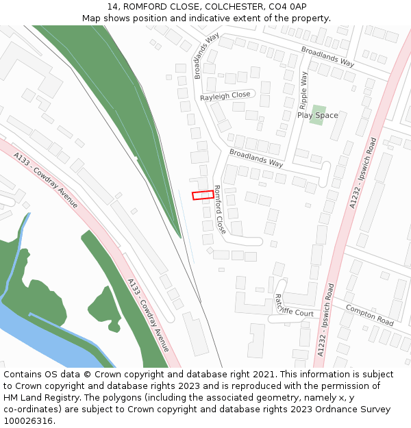 14, ROMFORD CLOSE, COLCHESTER, CO4 0AP: Location map and indicative extent of plot