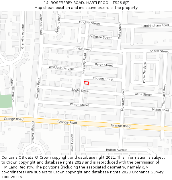 14, ROSEBERRY ROAD, HARTLEPOOL, TS26 8JZ: Location map and indicative extent of plot