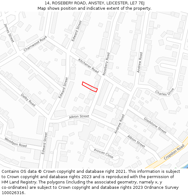 14, ROSEBERY ROAD, ANSTEY, LEICESTER, LE7 7EJ: Location map and indicative extent of plot