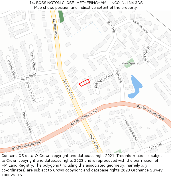 14, ROSSINGTON CLOSE, METHERINGHAM, LINCOLN, LN4 3DS: Location map and indicative extent of plot