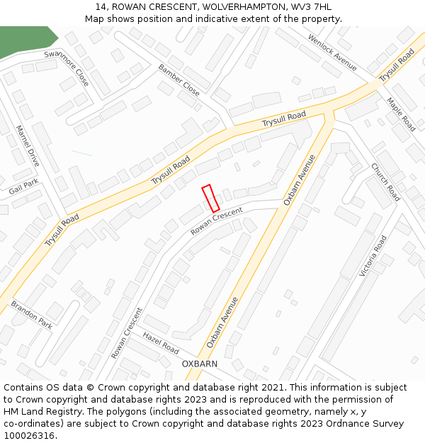 14, ROWAN CRESCENT, WOLVERHAMPTON, WV3 7HL: Location map and indicative extent of plot