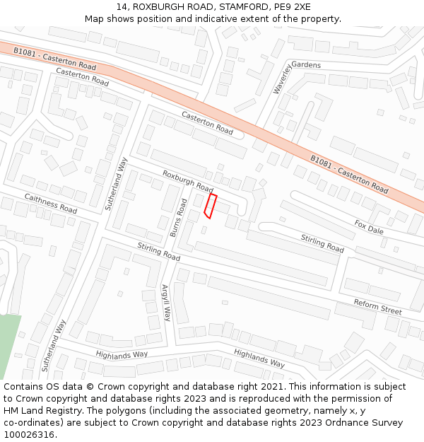 14, ROXBURGH ROAD, STAMFORD, PE9 2XE: Location map and indicative extent of plot