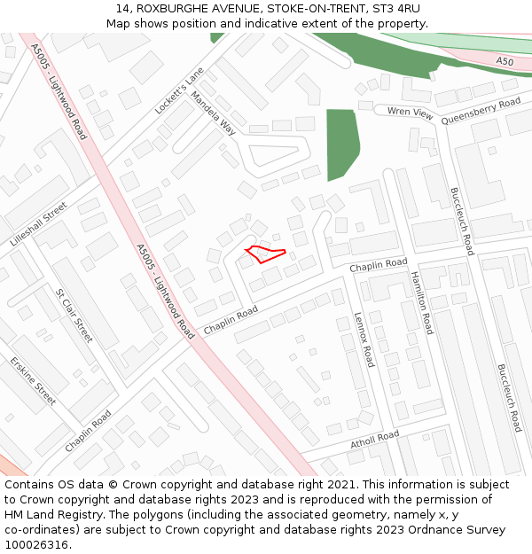 14, ROXBURGHE AVENUE, STOKE-ON-TRENT, ST3 4RU: Location map and indicative extent of plot