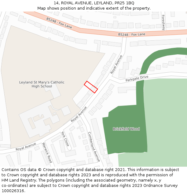 14, ROYAL AVENUE, LEYLAND, PR25 1BQ: Location map and indicative extent of plot