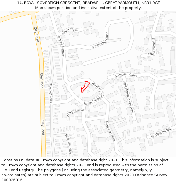 14, ROYAL SOVEREIGN CRESCENT, BRADWELL, GREAT YARMOUTH, NR31 9GE: Location map and indicative extent of plot