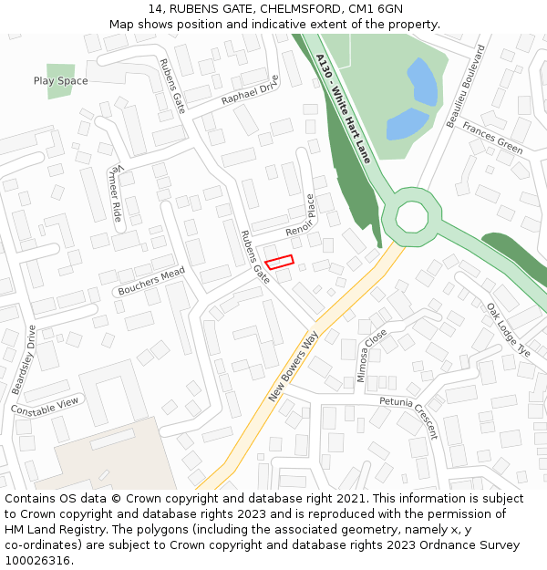 14, RUBENS GATE, CHELMSFORD, CM1 6GN: Location map and indicative extent of plot