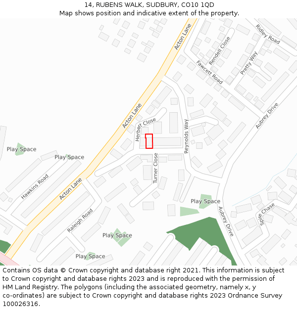 14, RUBENS WALK, SUDBURY, CO10 1QD: Location map and indicative extent of plot