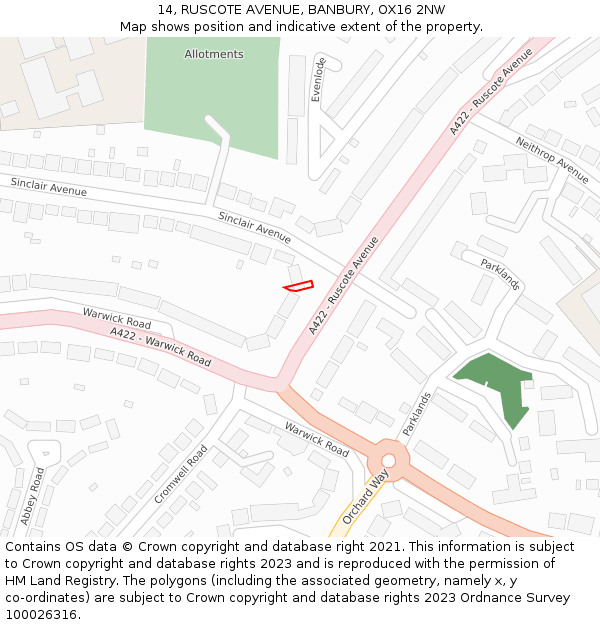 14, RUSCOTE AVENUE, BANBURY, OX16 2NW: Location map and indicative extent of plot