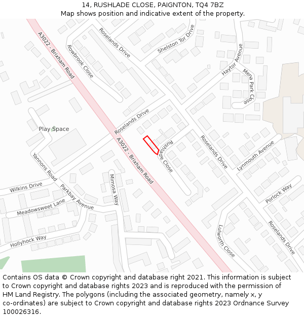 14, RUSHLADE CLOSE, PAIGNTON, TQ4 7BZ: Location map and indicative extent of plot