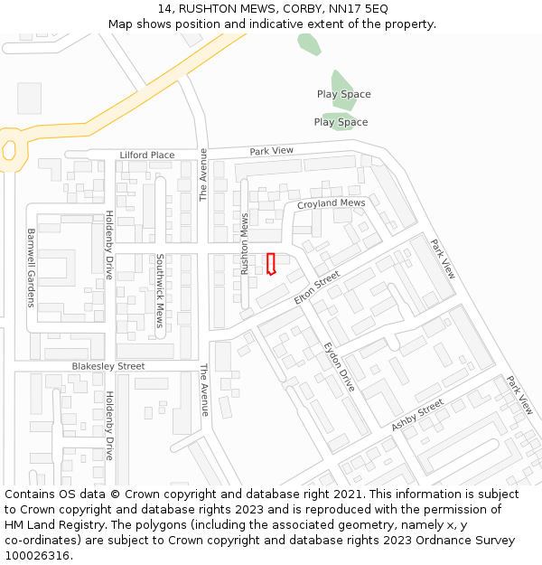 14, RUSHTON MEWS, CORBY, NN17 5EQ: Location map and indicative extent of plot