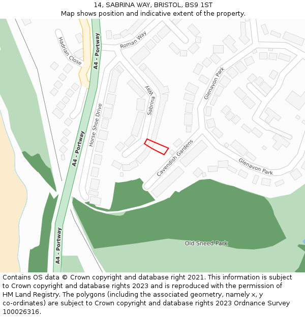 14, SABRINA WAY, BRISTOL, BS9 1ST: Location map and indicative extent of plot