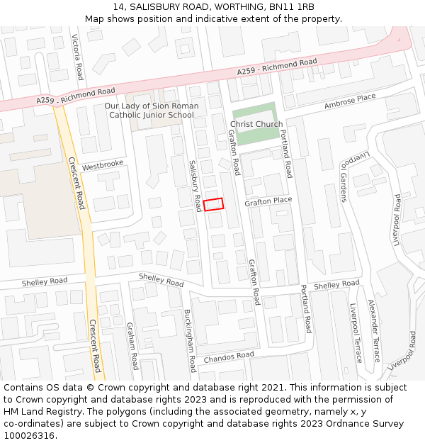 14, SALISBURY ROAD, WORTHING, BN11 1RB: Location map and indicative extent of plot