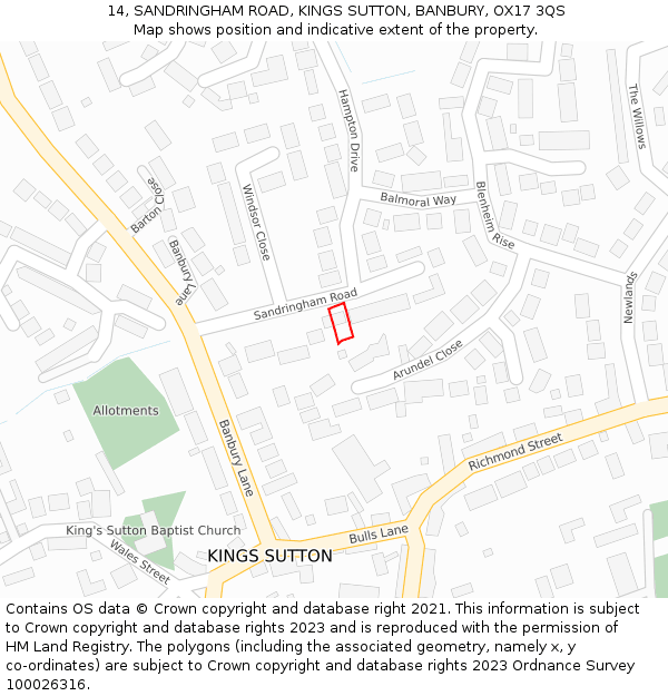 14, SANDRINGHAM ROAD, KINGS SUTTON, BANBURY, OX17 3QS: Location map and indicative extent of plot