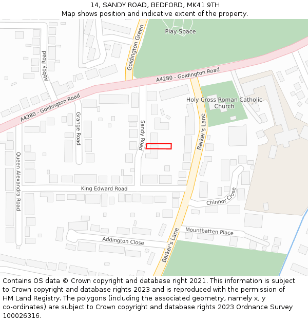 14, SANDY ROAD, BEDFORD, MK41 9TH: Location map and indicative extent of plot