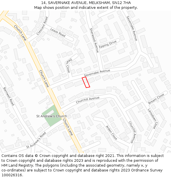 14, SAVERNAKE AVENUE, MELKSHAM, SN12 7HA: Location map and indicative extent of plot