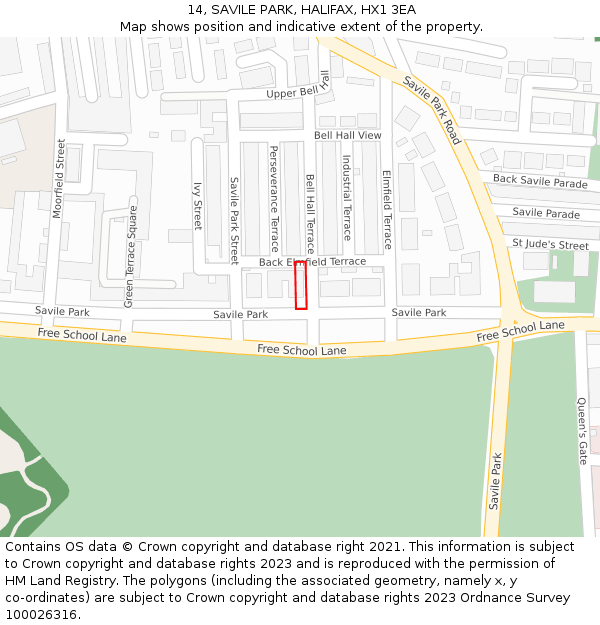 14, SAVILE PARK, HALIFAX, HX1 3EA: Location map and indicative extent of plot