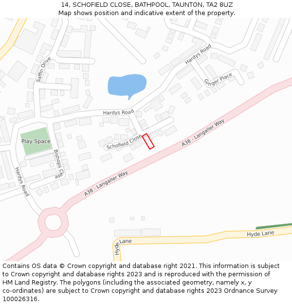 14, SCHOFIELD CLOSE, BATHPOOL, TAUNTON, TA2 8UZ: Location map and indicative extent of plot