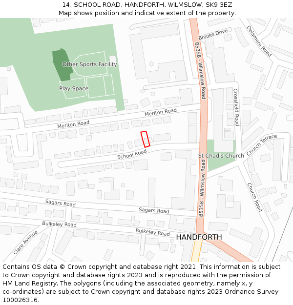 14, SCHOOL ROAD, HANDFORTH, WILMSLOW, SK9 3EZ: Location map and indicative extent of plot