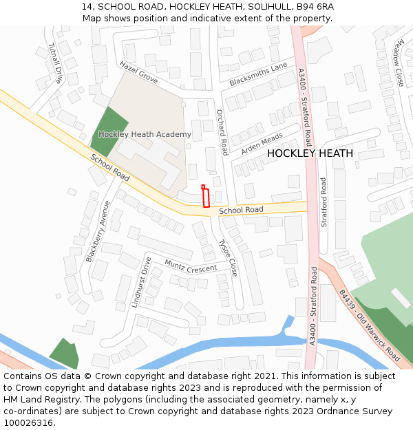 14, SCHOOL ROAD, HOCKLEY HEATH, SOLIHULL, B94 6RA: Location map and indicative extent of plot
