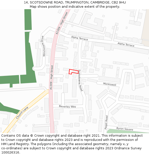 14, SCOTSDOWNE ROAD, TRUMPINGTON, CAMBRIDGE, CB2 9HU: Location map and indicative extent of plot