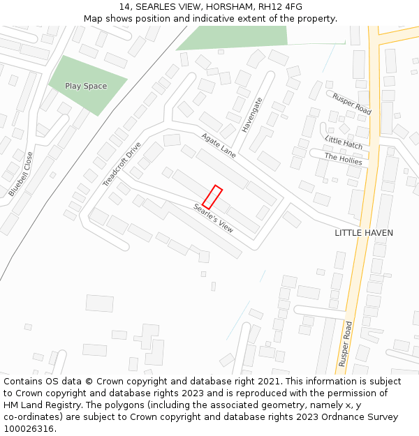 14, SEARLES VIEW, HORSHAM, RH12 4FG: Location map and indicative extent of plot