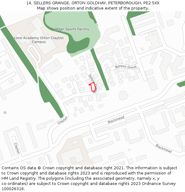 14, SELLERS GRANGE, ORTON GOLDHAY, PETERBOROUGH, PE2 5XX: Location map and indicative extent of plot