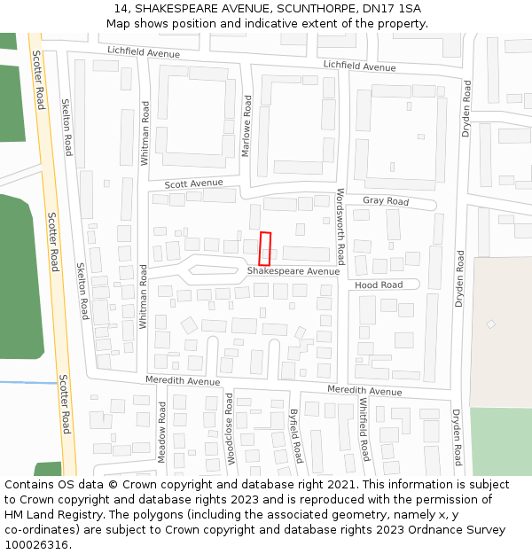 14, SHAKESPEARE AVENUE, SCUNTHORPE, DN17 1SA: Location map and indicative extent of plot