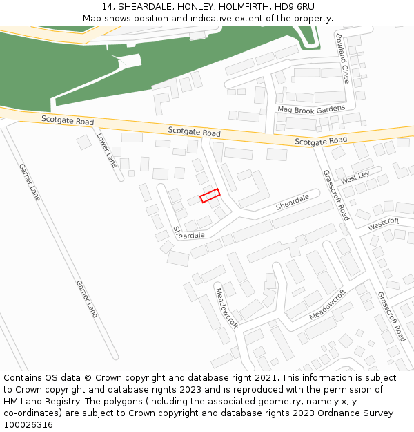 14, SHEARDALE, HONLEY, HOLMFIRTH, HD9 6RU: Location map and indicative extent of plot