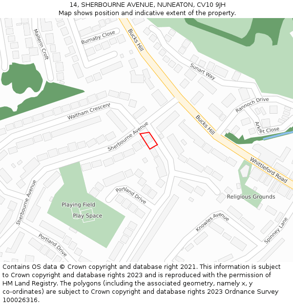 14, SHERBOURNE AVENUE, NUNEATON, CV10 9JH: Location map and indicative extent of plot