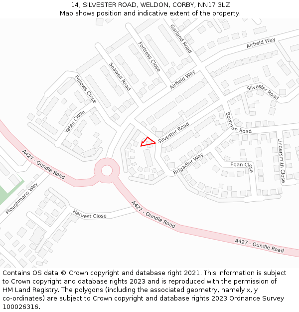 14, SILVESTER ROAD, WELDON, CORBY, NN17 3LZ: Location map and indicative extent of plot
