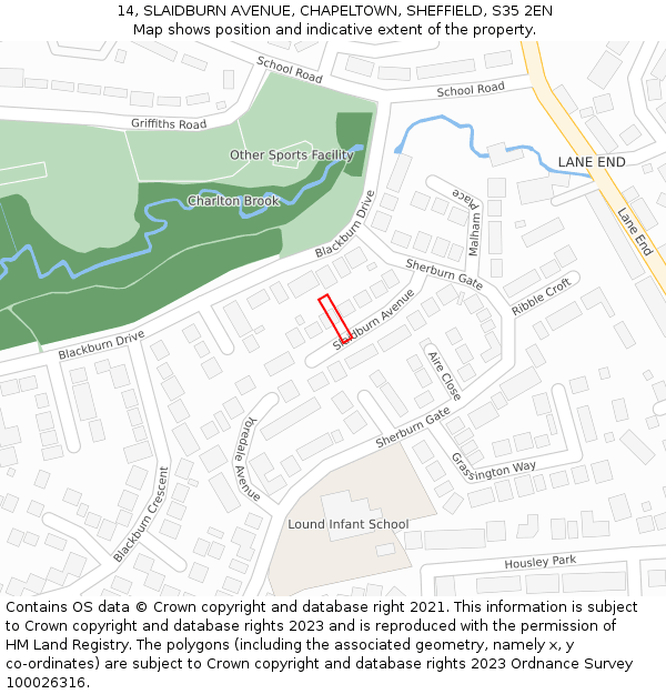 14, SLAIDBURN AVENUE, CHAPELTOWN, SHEFFIELD, S35 2EN: Location map and indicative extent of plot