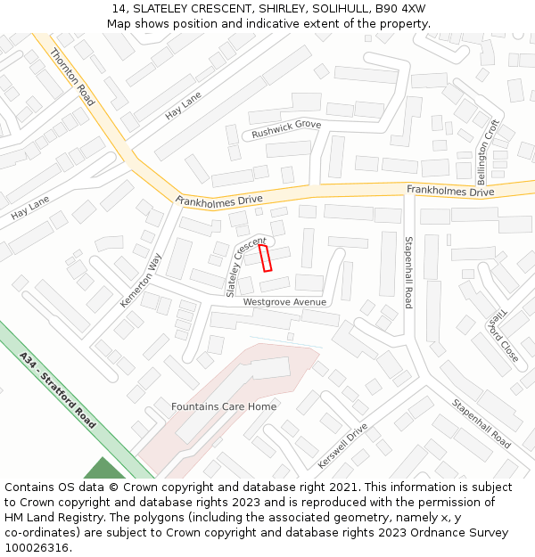 14, SLATELEY CRESCENT, SHIRLEY, SOLIHULL, B90 4XW: Location map and indicative extent of plot