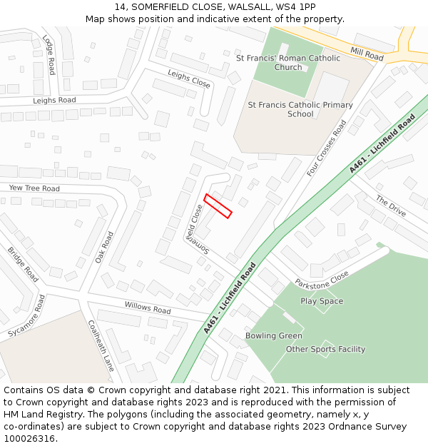 14, SOMERFIELD CLOSE, WALSALL, WS4 1PP: Location map and indicative extent of plot