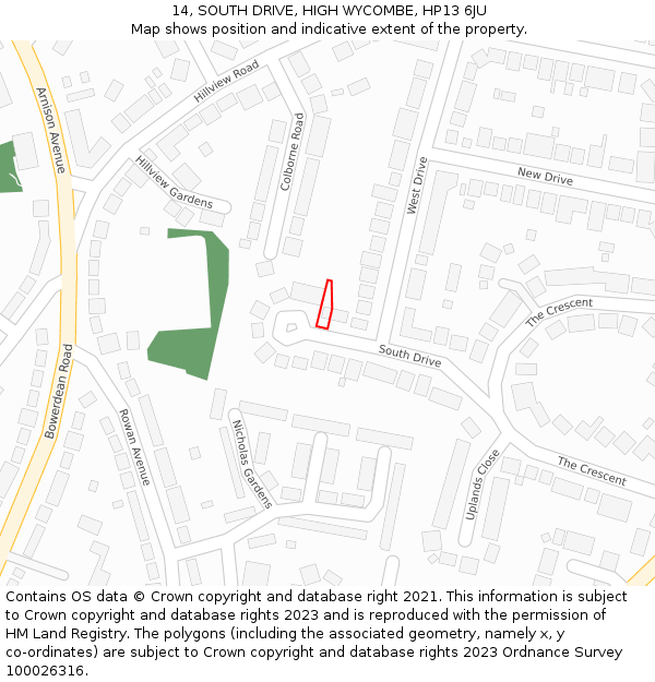14, SOUTH DRIVE, HIGH WYCOMBE, HP13 6JU: Location map and indicative extent of plot