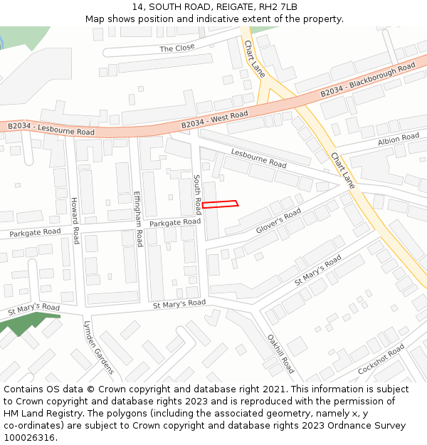 14, SOUTH ROAD, REIGATE, RH2 7LB: Location map and indicative extent of plot